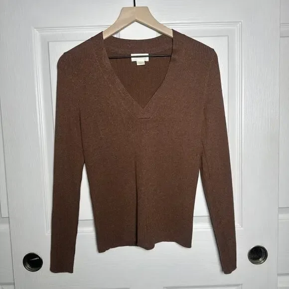 Maeve Thea Ribbed V-Neck Sweater Top Medium Honey Brown Metallic Anthropologie - Picture 2 of 9